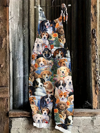 New Summer Women's Jumpsuit Cartoon Dog Print Fashion Cute Casual Jumpsuit Women's Parent-Child Outdoor Travel Lace-Up Jumpsuit