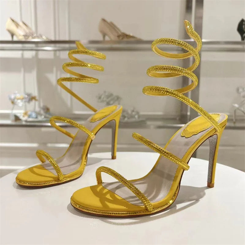 Summer Crystal Gladiator Sandals Women Rhinestone Twine Around Ankle Snake Wedding Shoes High Heels Sandals Woman