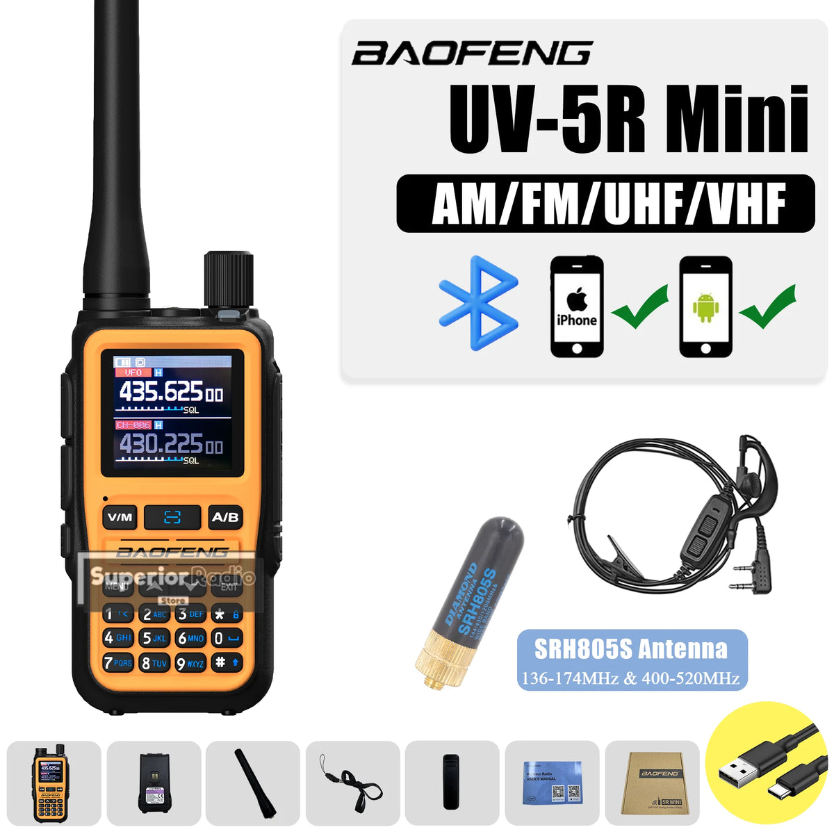 Baofeng UV-5R Mini Two Way Radio Orange BF-5R Mini Walkie Talkie Bluetooth Power Adjustable Tiny Size 1/2/4PCS Frequency Copy 5W