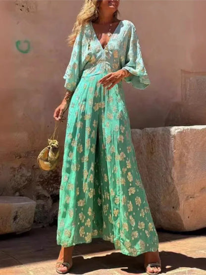 Fashion Gradient Print Jumpsuits Women Sexy V-neck Backless Leace-up Loose Slit Wide Legs Jumpsuit Female Trendy Streetwear New