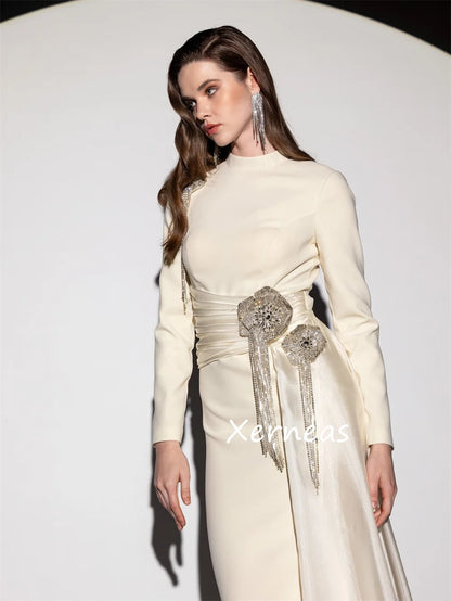 Customized Modern Style Jersey Pleat Flower Sequined Trumpet High Collar Long Dresses Bespoke Occasion Party Sizes Available