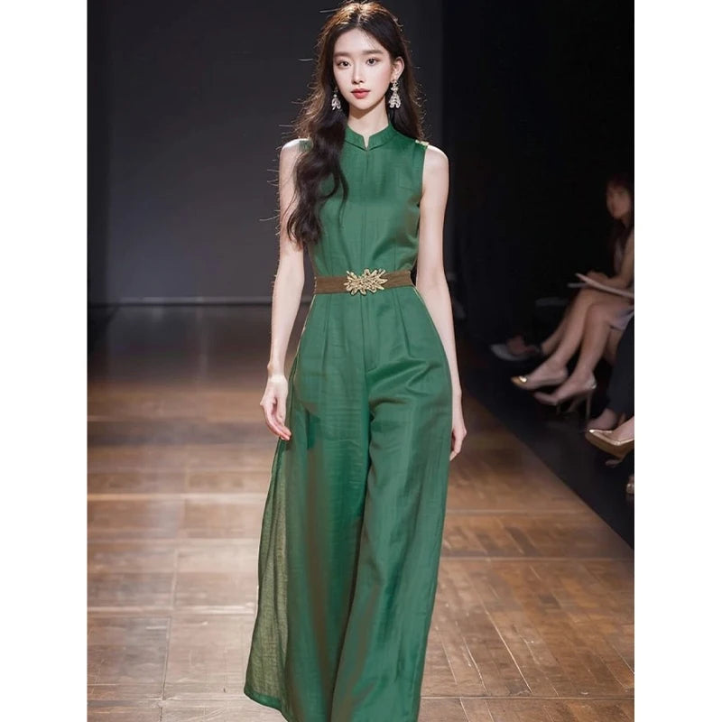 Elegant Women's O-Neck Office Ladies Romper Jumpsuit 2026 New Summer Green Sleeveless Tank High Waist Belt Wide Leg Jumpsuits