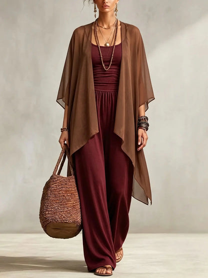 Summer New Sexy Bandeau One Piece Pants Set For Women's 2 Piece Casual Loose Fitting Wide-leg Pants Plus Shawl Tops Set Female