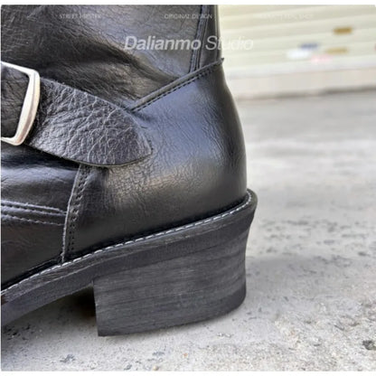 Retro Genuine Leather British Long Chelsae Boots Knee High Buckle Strap Riding Botas Moto Thick Heel Engineer Boots