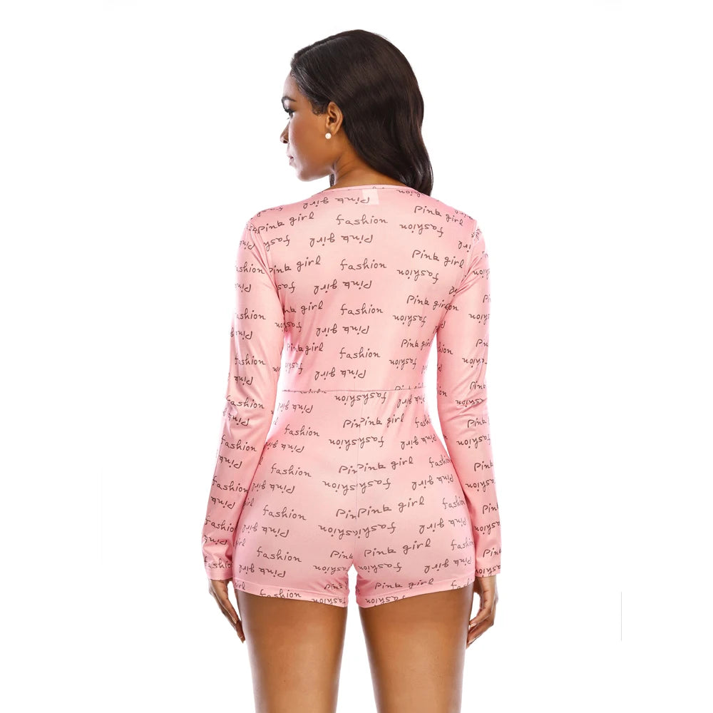 Womens Playsuit Sexy Pajama with Butt Flap Valentines Day Overalls Jumpsuit  Long Sleeve V Neck Women Bodycon Romper Sleepwear