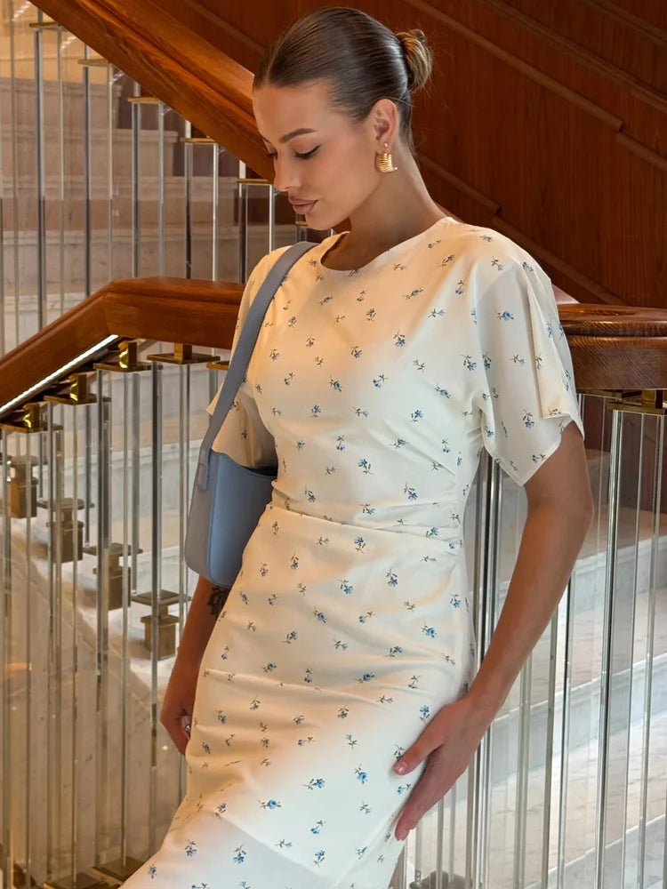 Tossy Floral Print Midi Dress Ruched Dress Round Neck Short Sleeve Fitted Waist Small Flower Print Bodycon Party Clubwear Dress