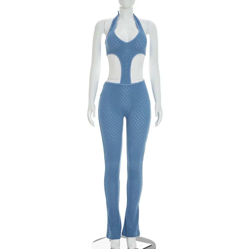 FLARORA Sexy Hollow See Through Jumpsuits Woman Trend Halter V Neck Sleeveless Backless Bandage Jumpsuit Hottie Street Overalls
