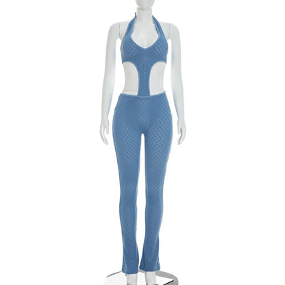 FLARORA Sexy Hollow See Through Jumpsuits Woman Trend Halter V Neck Sleeveless Backless Bandage Jumpsuit Hottie Street Overalls