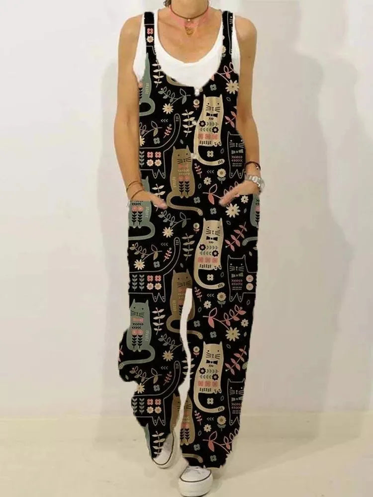 Women's Sleeveless Jumpsuit 2022 Summer Boho Floral Wide Leg Long Pants Rompers Ladies Strap Plus Size Casual Loose Bib Trousers