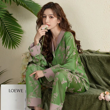 Women Pajamas Set Large Collar Green Cardigan Home Wear Two-Piece Long-Sleeved Outside Ladies Ice Silk Sleepwear Spring Autumn