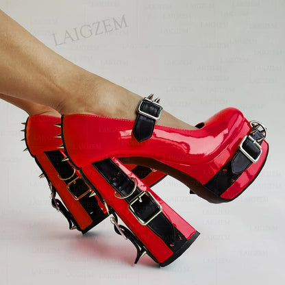LAIGZEM Women Pumps Punk Rivets Patchwork Platform Cosplay Gothic Sandals Handmade Buckle Straps Shoes Woman Big Size 39 43 52