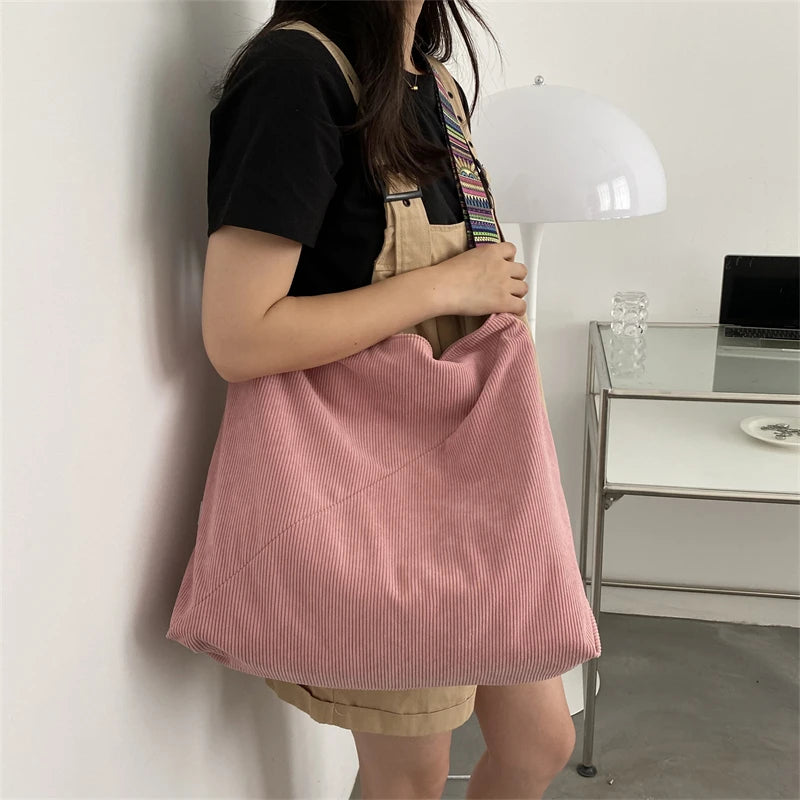 Women Luxury Corduroy Shoulder Bag Large Handbag Big Casual Tote Canvas Lining Solid Cloth Purse Zipper Crossbody Messenger Bags