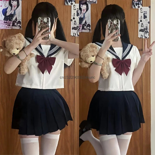 Anime Japanese School Uniform Cute Girls Jk Suit Navy Collar Three-piece Suit Campus Sailor Suit Bow Short Sleeves Suit Uniform