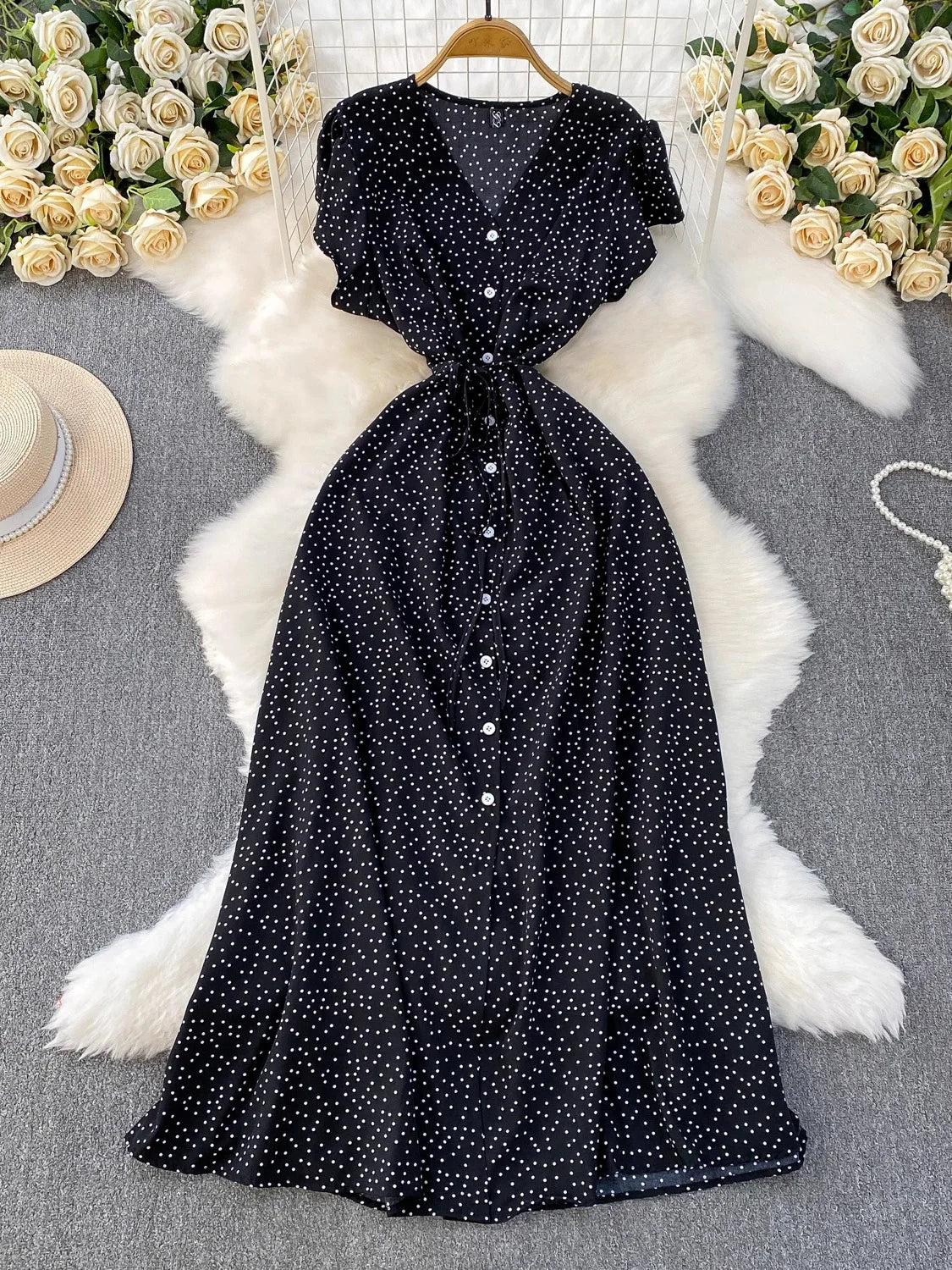Summer Women Polka Dot Long Dress Vintage V-Neck Flying Sleeve High Waist Single Breasted A-Line Casual Vestidos Female Robe New