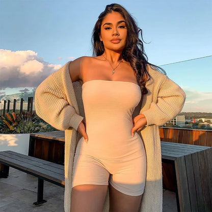 Bangniweigou White Strapless Tube Playsuit Spring Autumn High Stretchy Off Shoulder Tight Short Jumpsuit Casual Catsuit Shorts