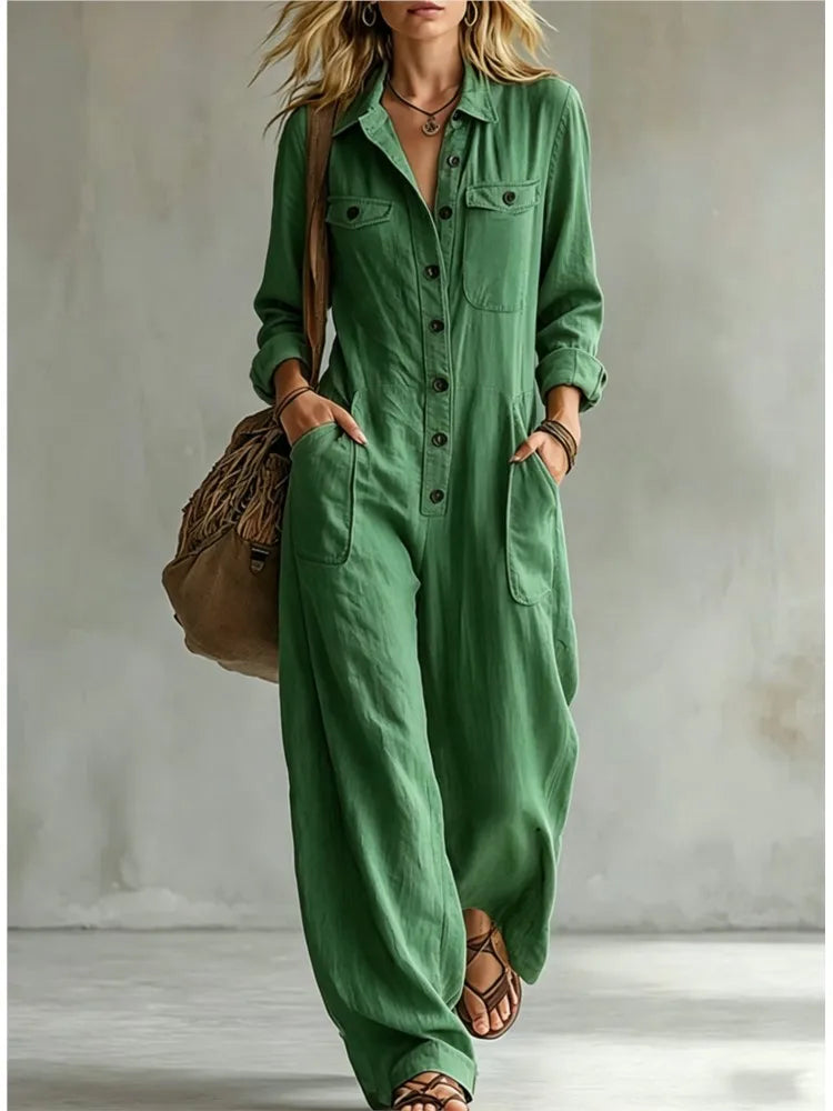 Autumn New Fashion Linen Single Breasted Double Pocket Women's Work Jumpsuit Casual Loose Vacation Female Rompers 2026