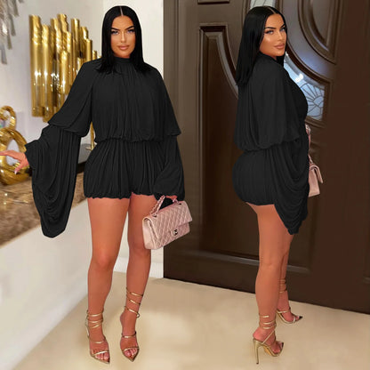 Jumpsuits Women One Piece Mock Neck Full Sleeve Short Pants Pleated Loose Elastic Waist Y2k Streetwear Jumpsuit Solid Work 2026