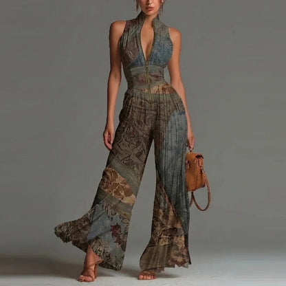 Sexy Deep V Neck Hollow Zip Jumpsuit Women's Spring Solid High Waist Wide Leg Romper Summer Sleeveless Pleated Vacation Overalls