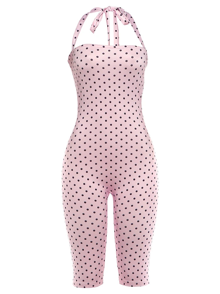 Weird Puss Sexy Backless Rompers Woman Polka Dot Print Bandage Halter Sleeveless Skinny Peach Hip High Street Fashion Playsuits
