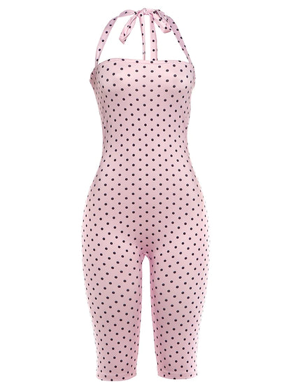 Weird Puss Sexy Backless Rompers Woman Polka Dot Print Bandage Halter Sleeveless Skinny Peach Hip High Street Fashion Playsuits