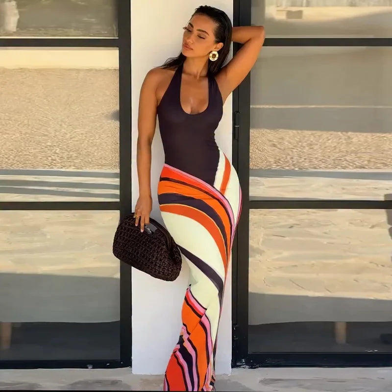 Sexy Print Women Long Dress Party Deep V-neck Sleeveless Backless Hip Package Female Dresses 2026 Summer Holidays Lady Robe