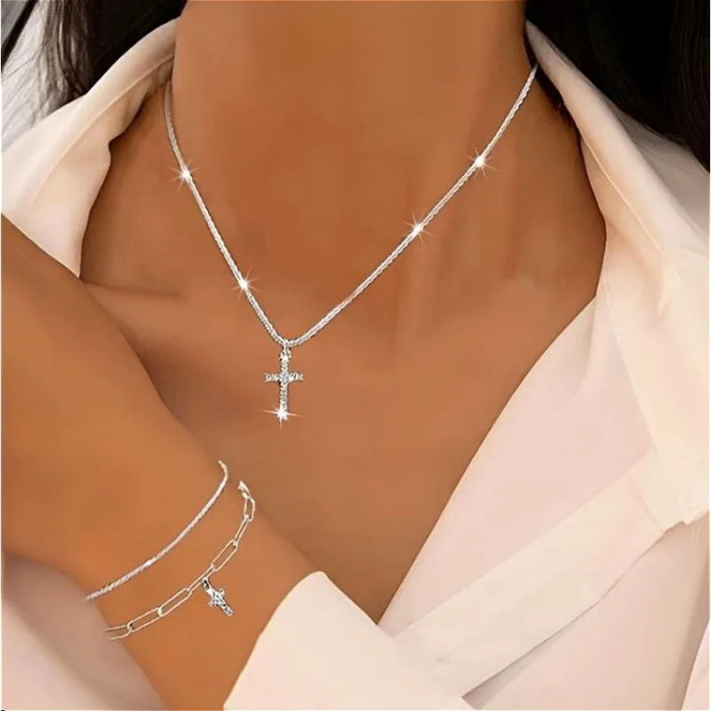 Sparkling 925 Sterling Silver Gypsophila Necklace Bracelet Set For Women Luxury Zircon Cross Pendant Three Piece Jewelry Set