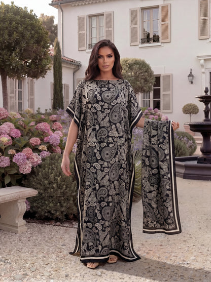 Boho Mixed Animal Paisley Abstract Print Satin Abaya Scarf Set, Loose Batwing Maxi Kaftan for Muslim Women Summer Holiday Wear