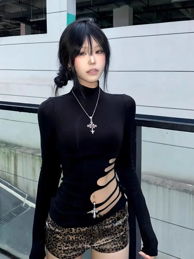 Erwofeina Hotsweet T-shirt Hollow Out Slim Long Sleeve 2000s Clothes Y2k Korean Fashion Woman Clothing Turtleneck Chic  Tops