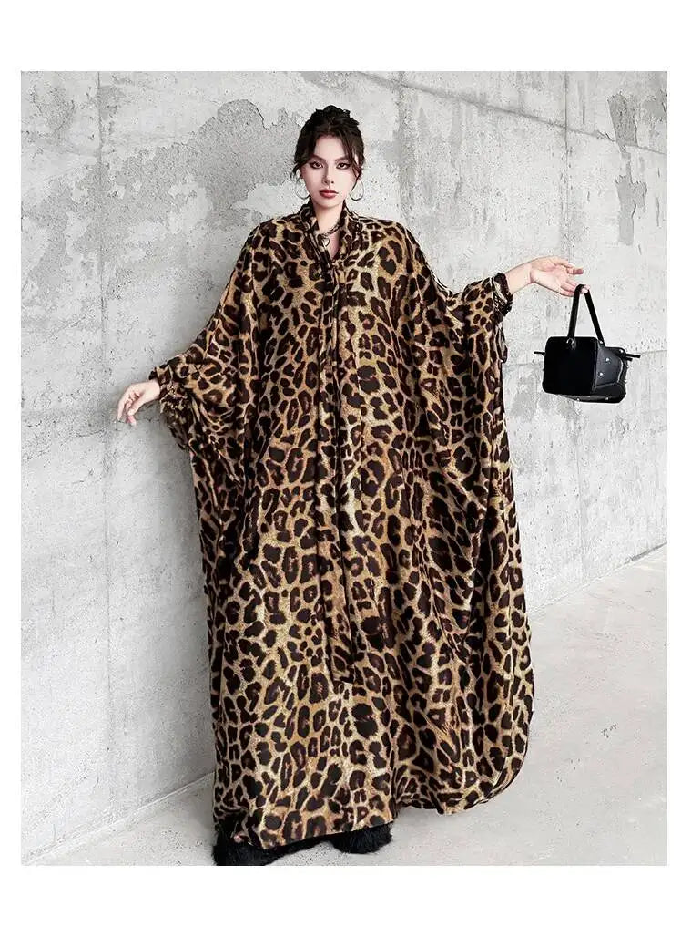 Leopard Print Loose Bat-sleeve Dress Women Summer Stand-up Collar Tie-waist Oversize Slimming Casual Long Dress XY420