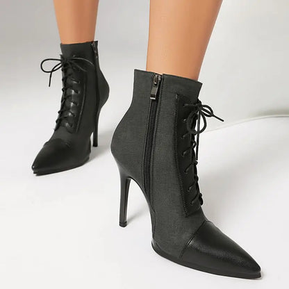 ANOVISHANA Elegant Fmeale Ankle Boots Pointed Toe 11cm Thin High Heels Zipper Lace Up Mixed Color Large Size 40 41 Short Autumn