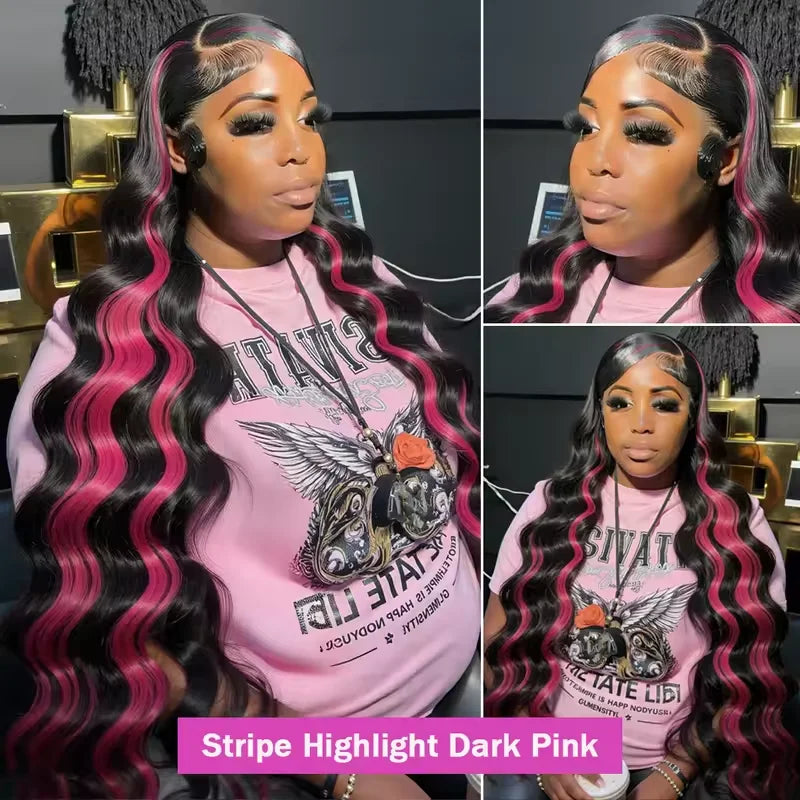 220% Density Ombre Purple Highlight Body Wave 13x6 HD Lace Front Wig Human Hair Waves Dark Purple 13x4 Lace Frontal Wigs For Women