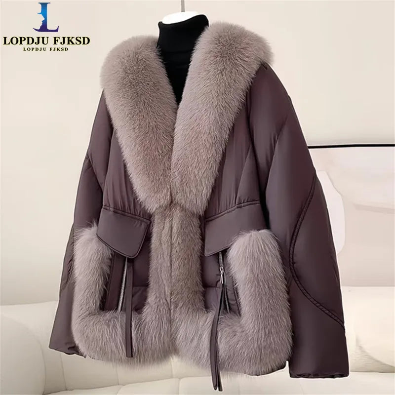 White Duck Down Coat Women Faux Fox Fur Collar Loose Thicken Parkas Warm Outwear 2026 Winter New Fashion Female Jacket
