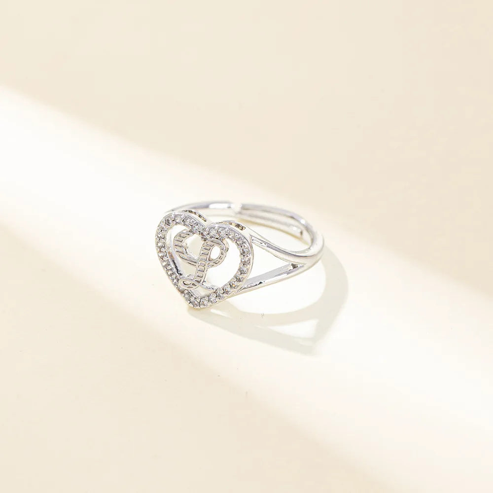 White Zircon 26 Letters A-Z Love Heart Open Adjustable Rings For Women Gold Silver Color Wedding Band Jewelry Mother's Day Gifts
