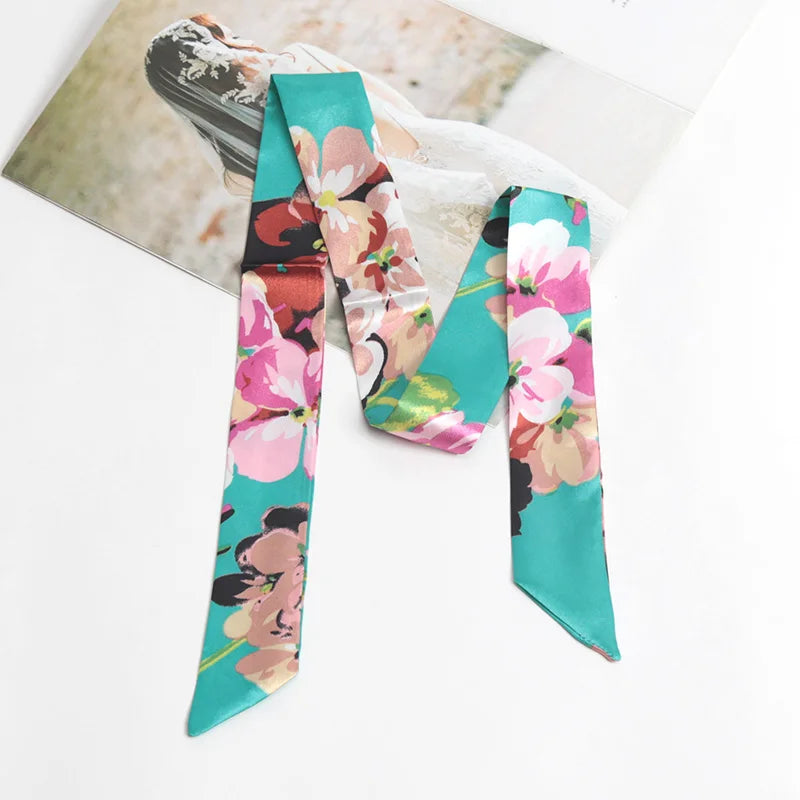 Women Print Flower Small Scarf Handle Bag Ribbons Fashion Head Scarf Small Long Skinny Scarves Headbands Tie Accessories