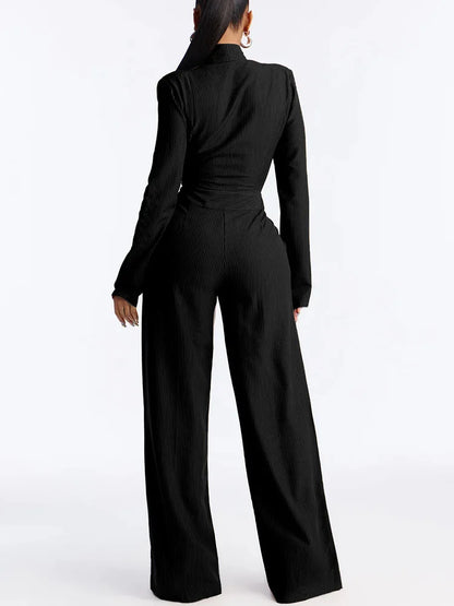 Elegant Office Lady Solid Jumpsuit Women Long Sleeve Lace-up Bow Button Ribbed High Waist Party One Piece Rompers and Jumpsuits