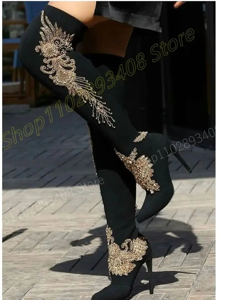 Gold Crystal Pattern Over the Knee Boots Suede Stiletto High Heel Chinese Style Fashion Women Shoes 2024 Zapatos Para Mujere