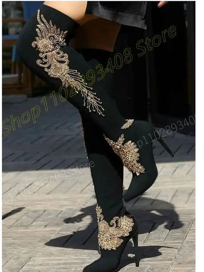 Gold Crystal Pattern Over the Knee Boots Suede Stiletto High Heel Chinese Style Fashion Women Shoes 2024 Zapatos Para Mujere