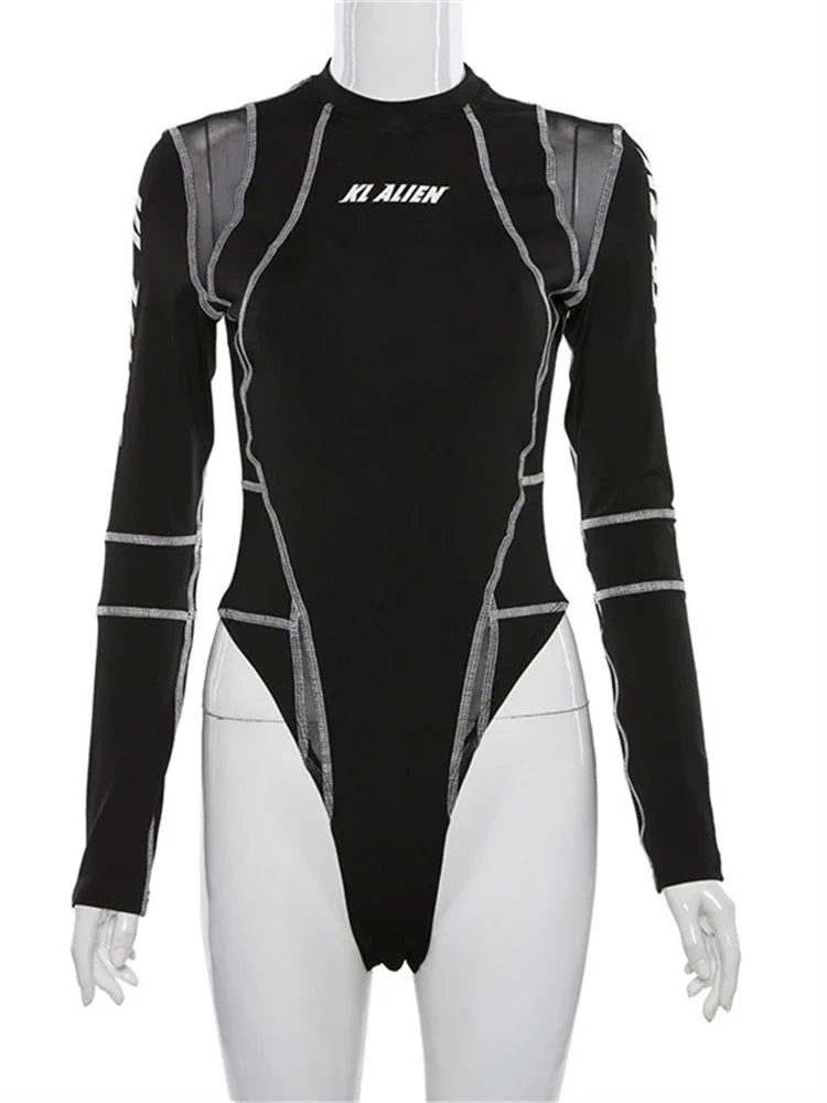 2025 Women Sexy Mesh Patchwork Letter Print Bodysuit Fashion Balck Patchwork Long Sleeve O-Neck Fitness Tops Wild Streetwear