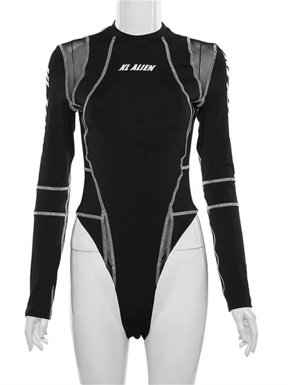2025 Women Sexy Mesh Patchwork Letter Print Bodysuit Fashion Balck Patchwork Long Sleeve O-Neck Fitness Tops Wild Streetwear