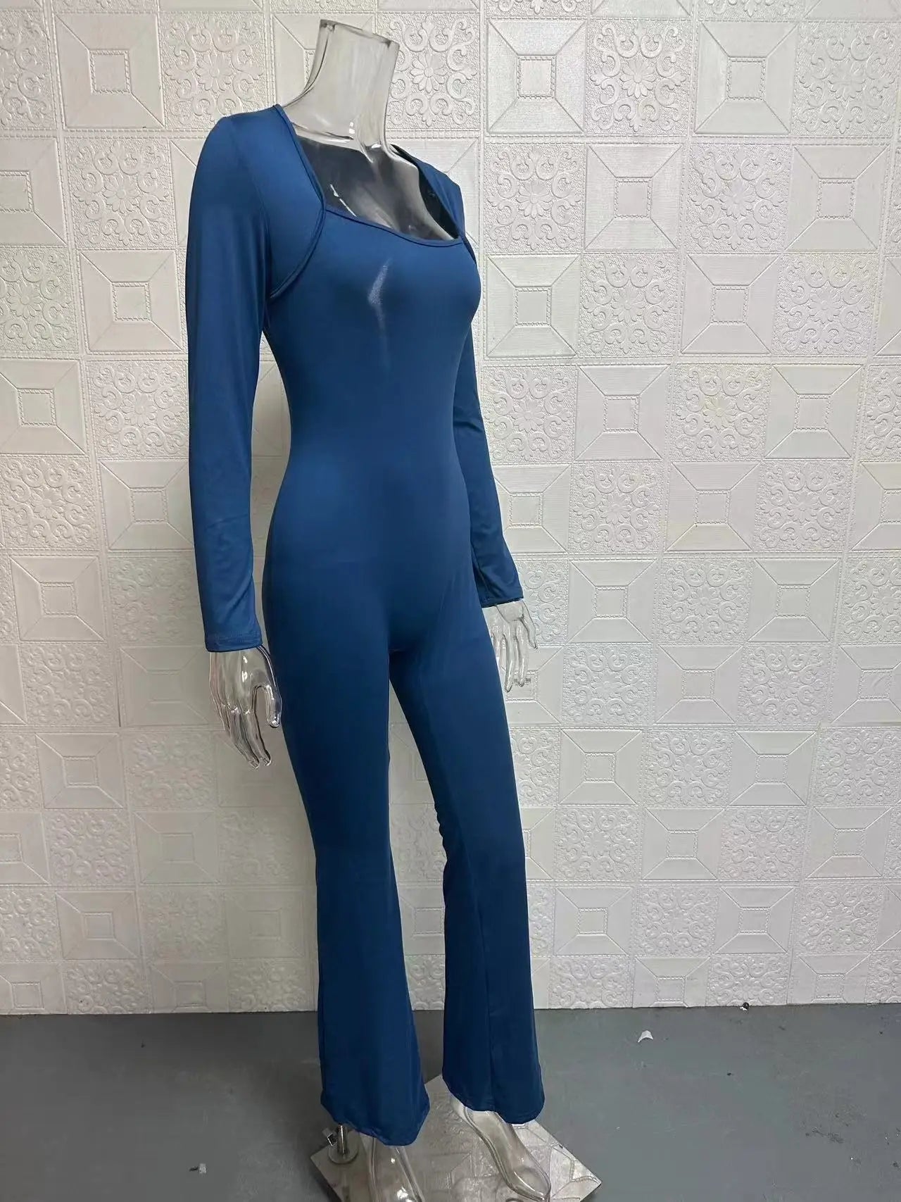 Foreign Trade Women's Long Sleeved Waist Cinching and Waist Lifting Square Collar Wide Leg High Elastic Jumpsuit
