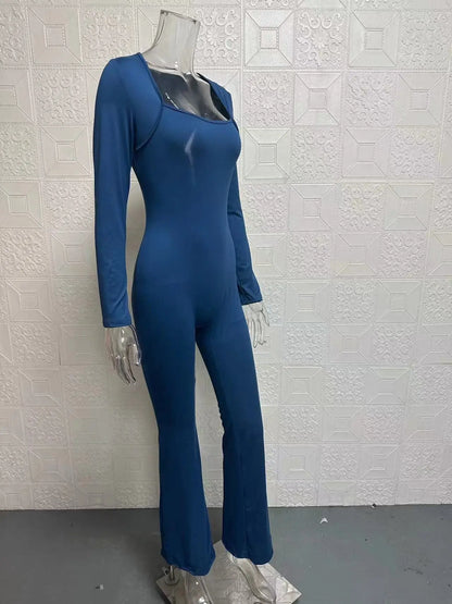 Foreign Trade Women's Long Sleeved Waist Cinching and Waist Lifting Square Collar Wide Leg High Elastic Jumpsuit