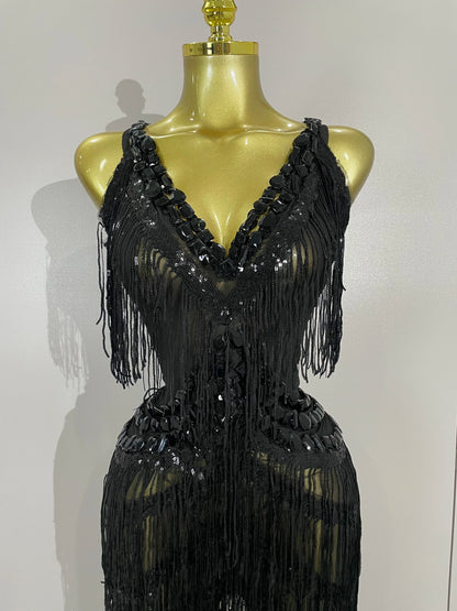 Sparkly Black Rhinestones Sequined Fringe Jumpsuit Women Sexy Nightclub Party Birthday Outfit Show Singer Stage Perform Costume