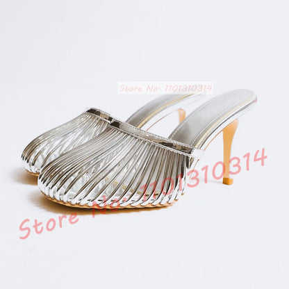 Cage Round Toe Metallic Mules Women New In Sexy Luxury High Heel Shoes Female Thin Strap 2023 Summer Elegant Chic Solid Slippers