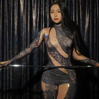 Sexy Full Diamond Long Sleeved Jumpsuit Ballroom Pole Dancer Performance Outfit Fashionable Club Suit Women's Photography