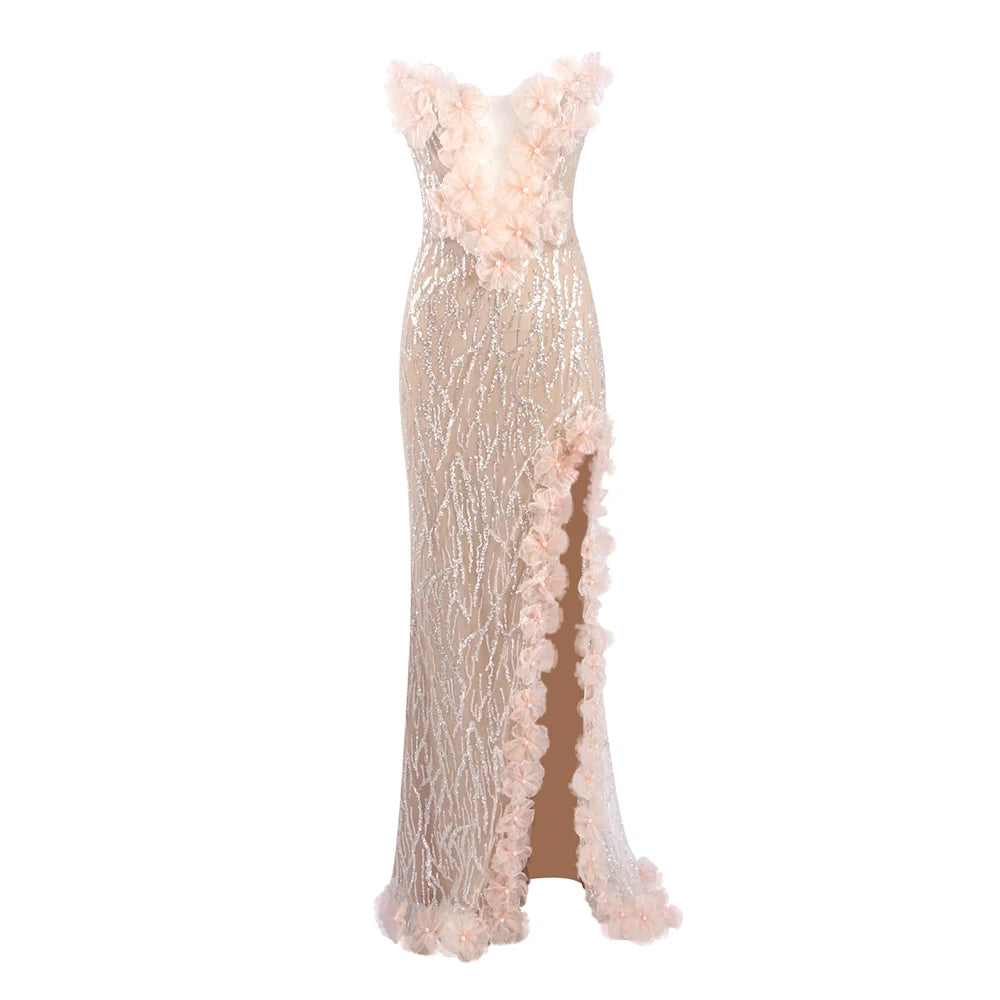 VC Regal Champagne Strapless Mermaid Maxi Dress Gown with Exquisite Ruffle and Sequin Detailing for Upscale Receptions