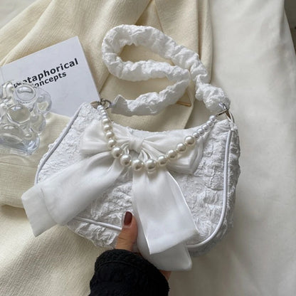White Folds Pearl Female Bag Retro Luxury Designer Handbag Bow Crossbody Bags Fashion Y2K Vintage Women's Shoulder Bag Purses
