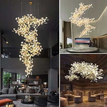 High Ceiling Ginko Leaf Chandeliers for Duplex Staircase Long Gold Leaf Pendant Hanging Chandelier for Vila Table Lobby Hotel