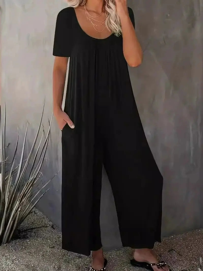 Plus Size 0XL-5XL Summer Rompers Overalls Women's Solid Color Jumpsuit with Pockets Casual Fashion Short Sleeve Jumpsuits