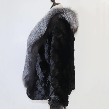 Women Winter Real Mink Fur Caot With Fox Fur Collar Natural Warm Mink Fur Jacket Lady Fashion 100% Real Mink Fur Overcoat