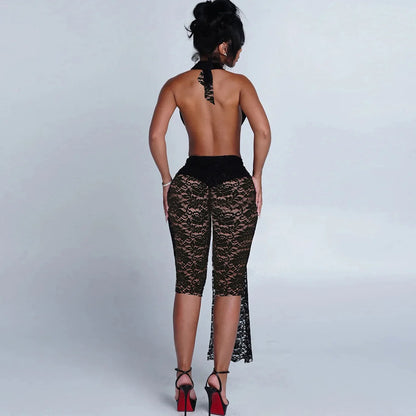 See Through Lace Ribbons Knee Length Jumpsuits Plunge V Neck Sleeveless Halter Backless Night Club Party Women Sexy Rompers